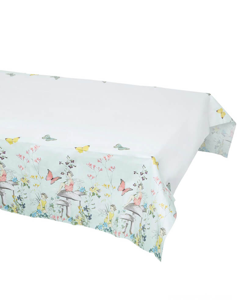 Recyclable Mint Green Fairy Table Cover by Talking Tables. features beautifully illustrated fairies, flowers and toadstools. Perfect for a kid's fairy themed birthday party, afternoon tea party or on Mother's Day.