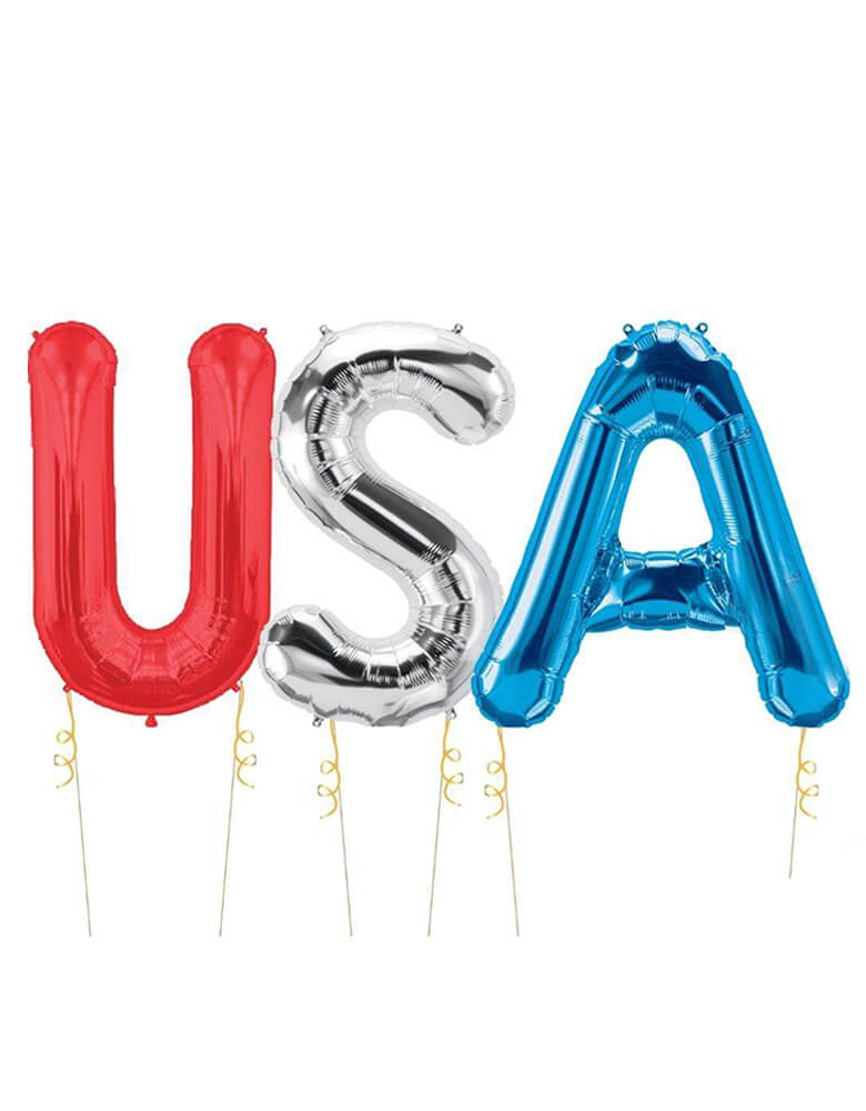 USA Giant 34" Tall Red Silver Blue Letter Balloon Kit by Northstar Balloons. giant 34" tall USA Letter Balloon Kit. Each kit contains 3 letter balloons: one 34" Tall Balloon Red Letter U, one 34" Tall Balloon Silver Letter S and one 34" Tall Balloon Blue Letter A. USA! Show your patriotic pride this 4th of July with this giant 34" tall USA letter balloons.