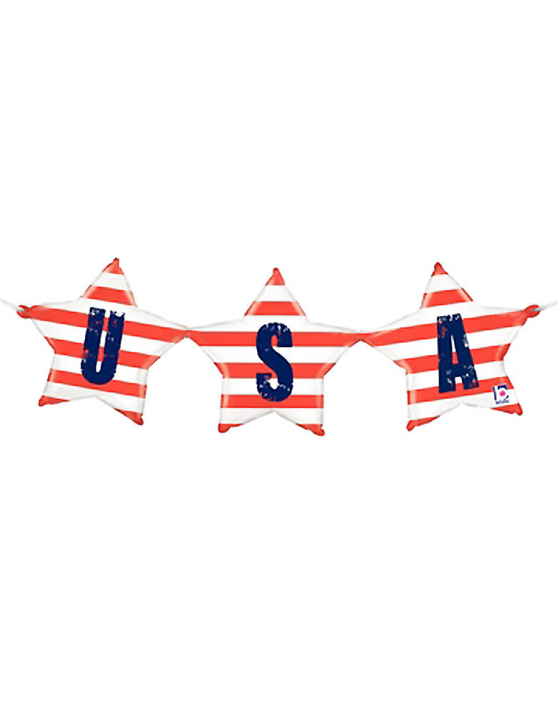 Betallic Balloon - 35790	37" USA Bunting Air-filled Shape Foil Balloon, This balloon bunting features USA with red and white stripes on one side, and USA with a blue background and red and white stars on the backside. Made of mylar foil Measures 37"long No helium needed Includes inflation straw and ribbon. This USA Balloon Air-filled Bunting makes a fun decoration for any patriotic event. 