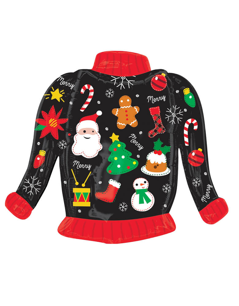 Anagram Balloons - 31 inches Ugly Christmas Sweater Foil Mylar Balloon. feathering Black and red sweater shape with Christmas themed designs, enjoy this high quality and cute Giant Ugly Christmas Sweater foil balloon, make it a enjoyment to blow up the balloons and decorate your house with your family and kids. 