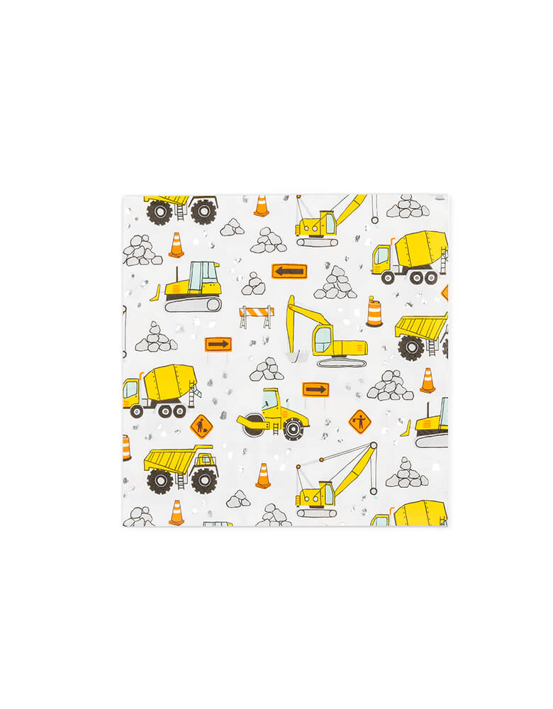 Construction Cone Small Napkins - Under Construction Large Napkins. Pack of 16 in Size 6.5 x 6.5 inches. Featuring 16 pieces bold colors and silver foil construction design elements