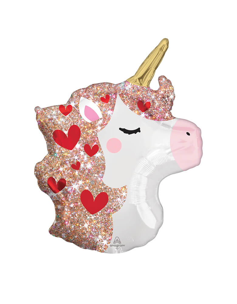 Anagram Balloons - 43647 Unicorn Sparkles Standard Shape XL® S50. Featuring a Unicorn shaped foil balloon with hearts on the hair in the sparkle effect. Add a magical touch to your little girl's birthday party with this adorable unicorn sparkles foil balloon.