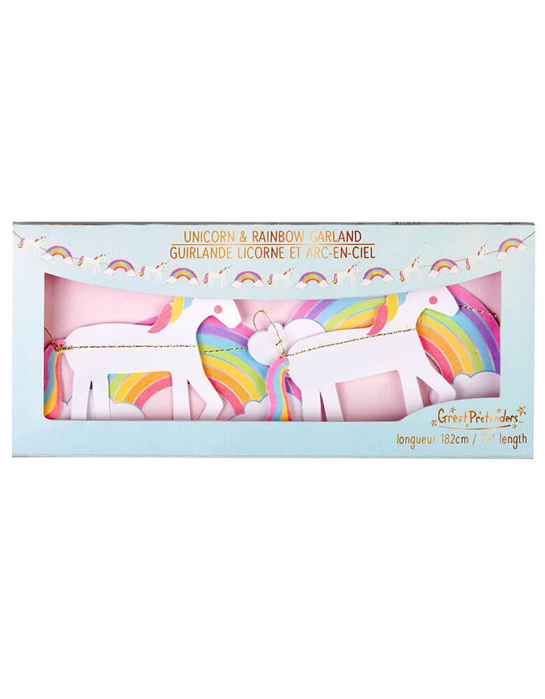Great Pretenders - Unicorn with Rainbows Party Garland. Spanning 6ft in length this garland with trendy colors and iridescent foil will glam up your unicorn party. Add magic to the party with our unicorn and rainbow garland decoration.