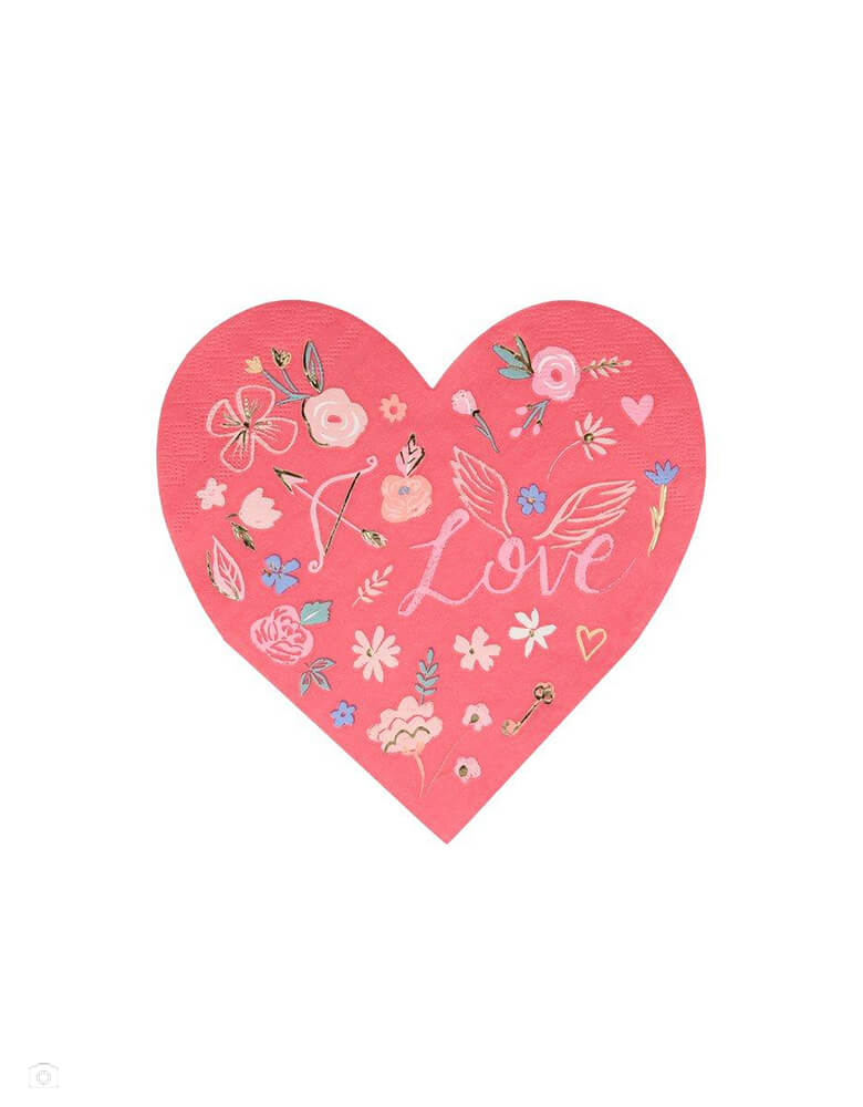 Meri Meri Valentine Heart Die Cut napkins in red color with beautiful soft pink illustrious of Valentine elements including doves, flowers, hearts, cupid bow and arrow and the word "love" in gold foil detail, they are perfect for a Valentine's Day meal, or any romantic celebration.