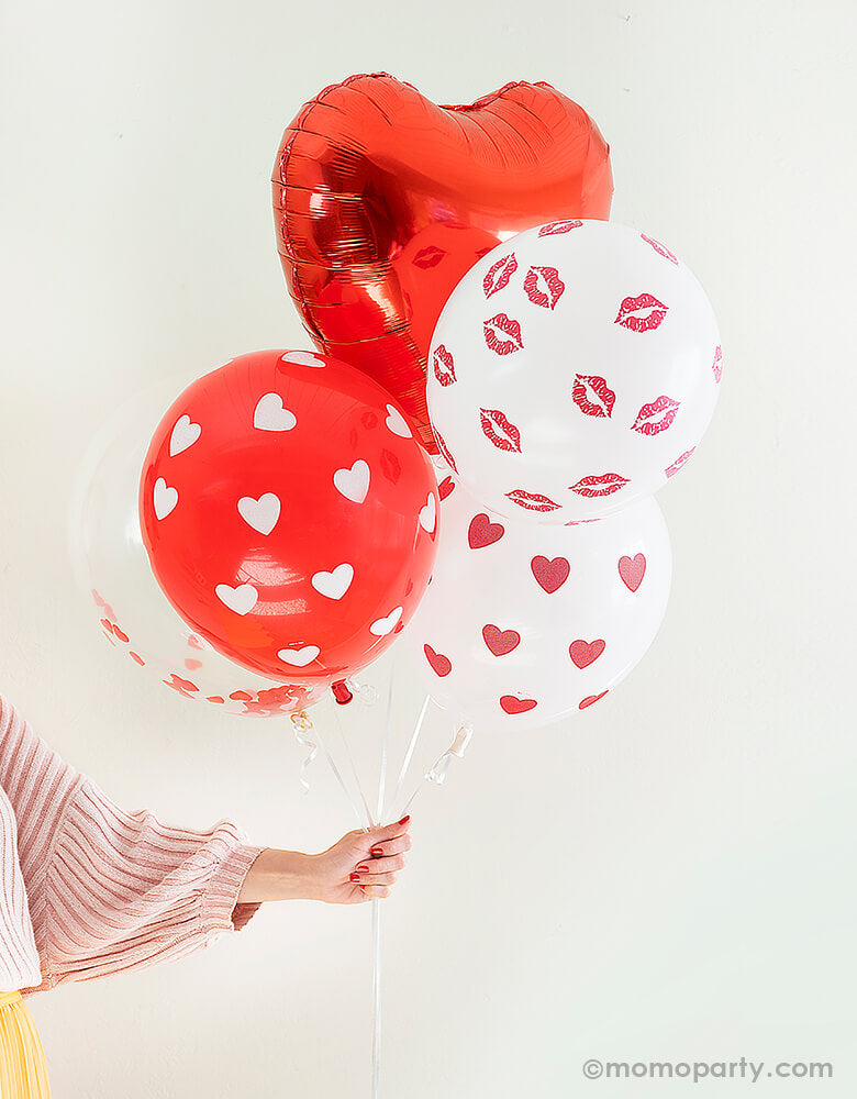 Assorted Heart Latex Balloon Mix - Red & White (Set fo 6)