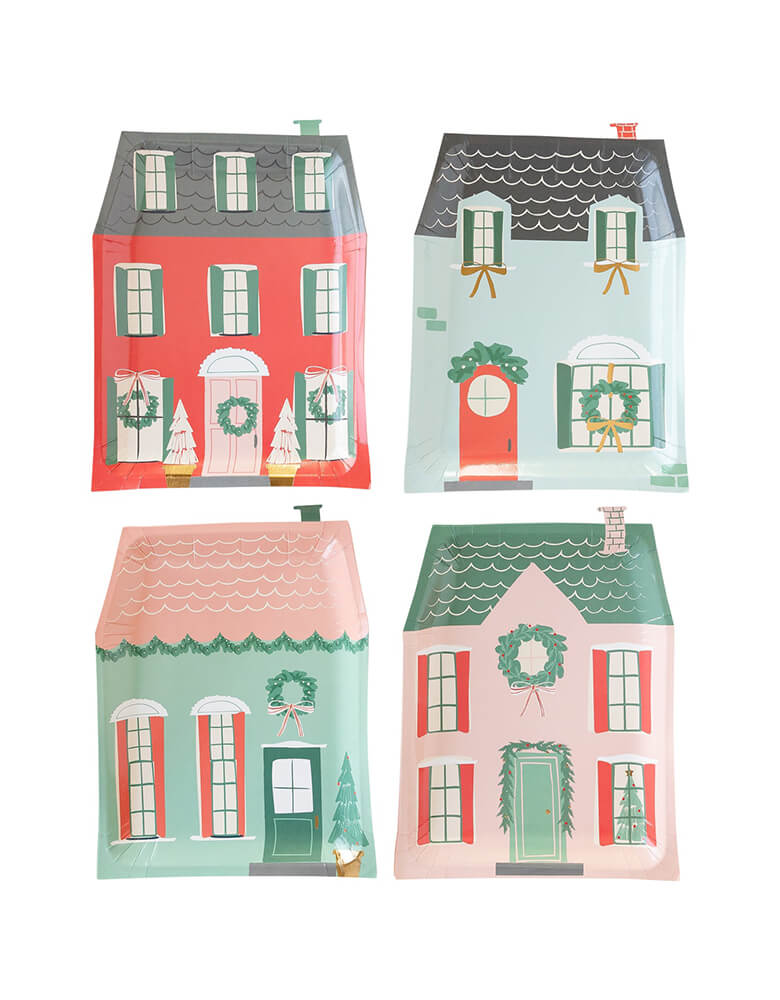 Village Christmas House Shaped Plates by My mind's eye. Shaped as cozy Christmas cottages, these dinner sized plates will set a jolly backdrop at your party table that keep the merriment going until well after Santa arrives!