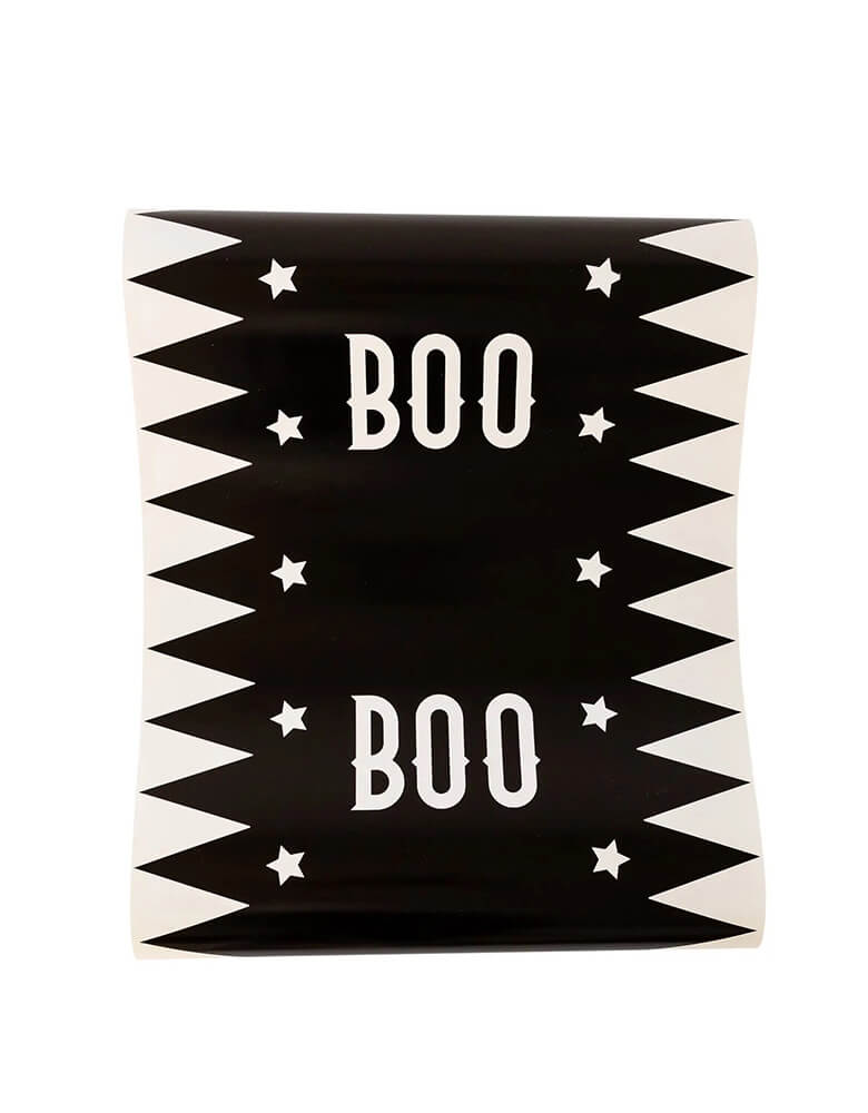 My Mind's Vintage Halloween Boo Table Runner in black and white with vintage inspired font perfect for a spooky vintage Halloween party