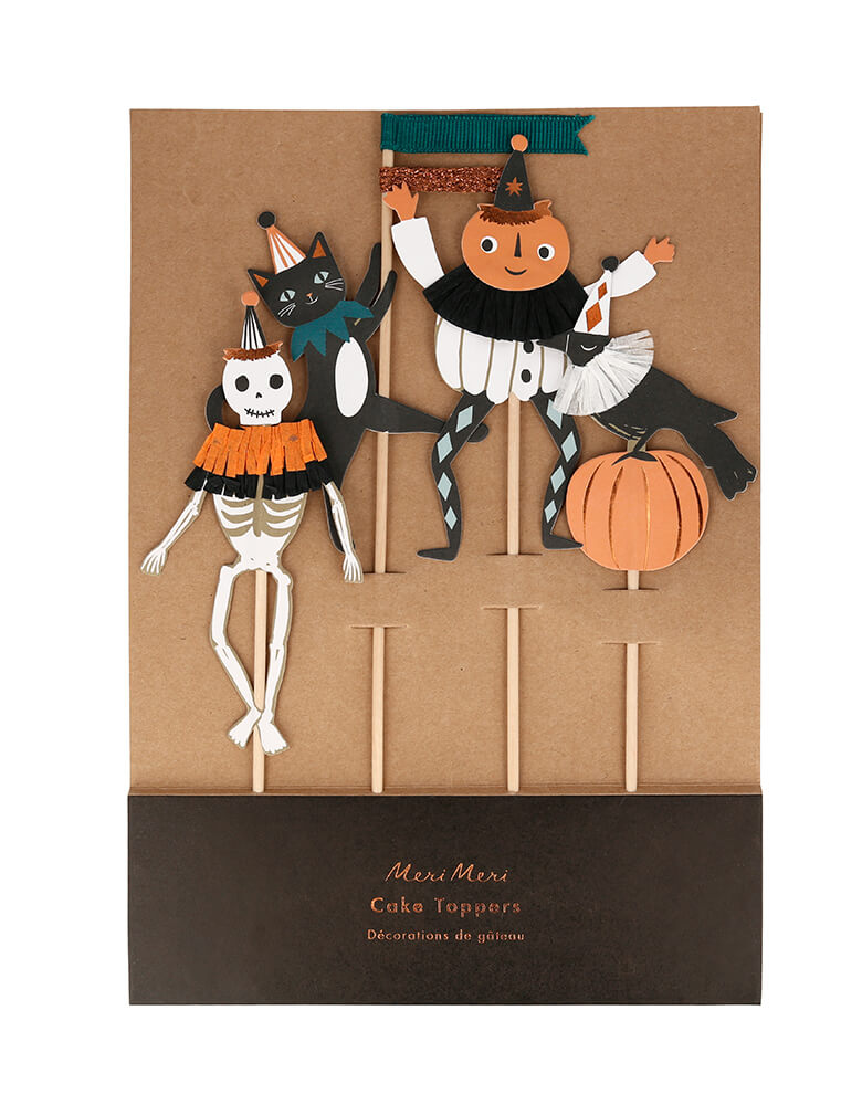 Meri Meri 216244 Vintage Halloween Cake Toppers. Set including a pumpkin, crow, black cat and skeleton toppers. The characters all feature ruffles around their necks made from crepe paper, the cat topper has green and metallic copper ribbon detail, the skewers are crafted from bamboo. They are beautifully illustrated and designed, with lots of delightful embellishments. Transform a cake into a really terrific treat with these fabulous Halloween toppers