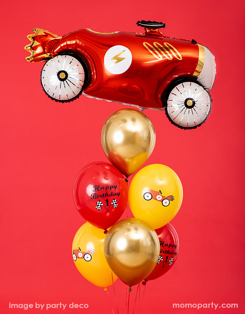 Party Deco Race car foil balloon with Vintage Race Car Latex Balloon Mix and Gold chrome latex balloon 