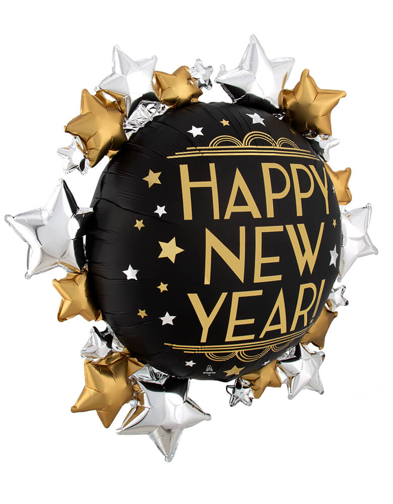 Anagram Balloons - 42058 Vintage Satin Infused Happy New Year Foil Balloon side view. Accent your New Year's Eve celebration with this gorgeous large vintage styled foil mylar balloon. It's perfect for a Great Gatsby themed celebration! 