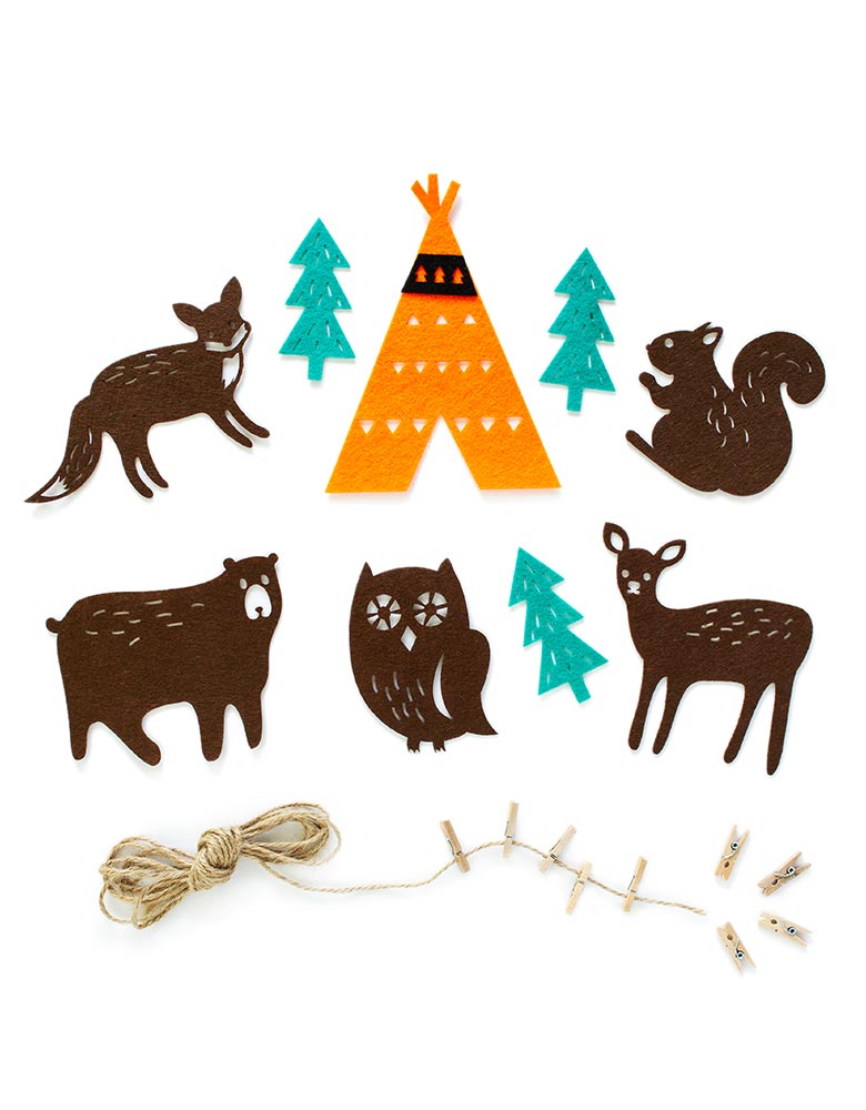 Woodland Felt Garland. Includes 5 animal, 3 tree, 1 teepee pennants. the individual felt features one teepee, five animals, and three trees design. With mini wood clothespins, this set is easy to put together and creates a lovely charm to your woodland celebration. Perfect for baby shower, birthday party and seasonal decorations!