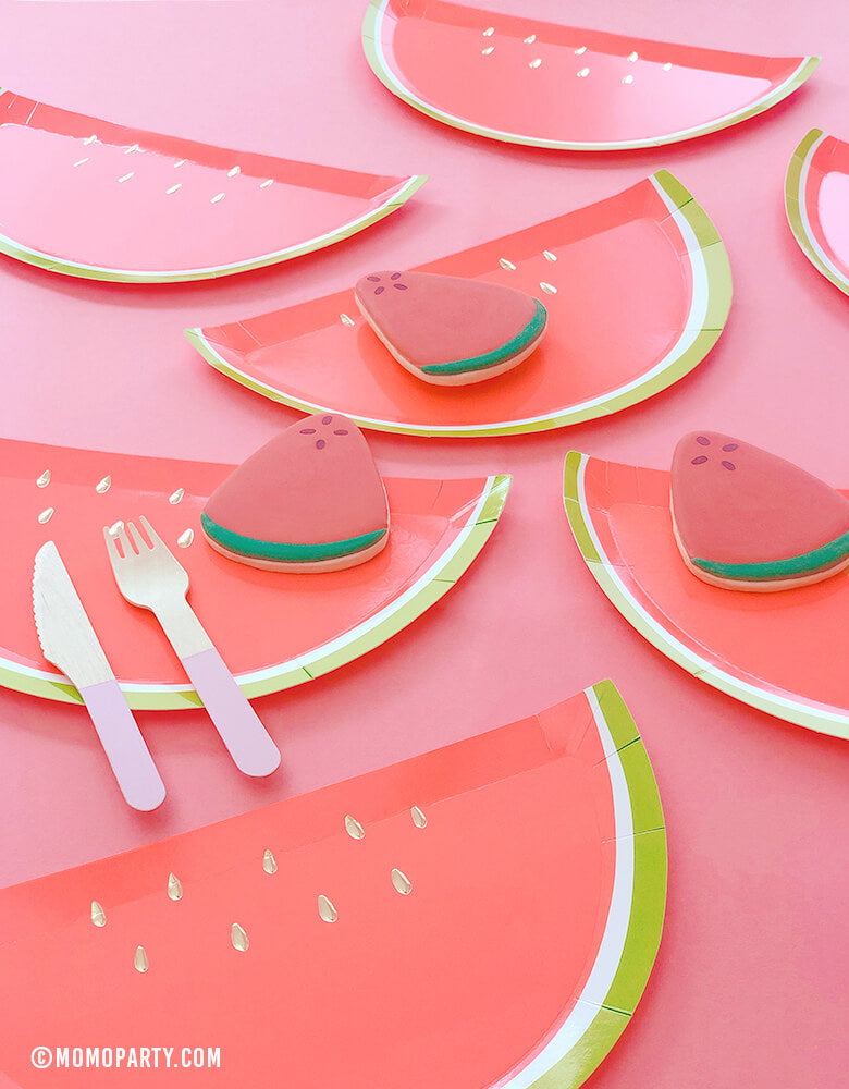 Meri Meri Watermelon plates of brightly colored die-cut watermelon shape with watermelon cookies and wooden cutlery 