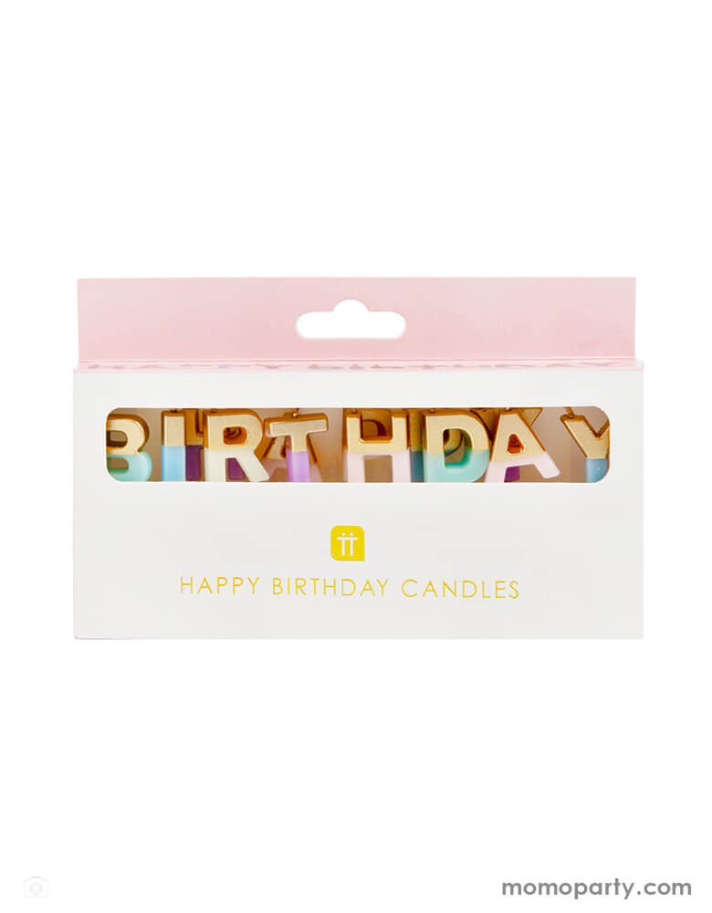Talking Tables - We Heart Birthdays Happy Birthday Candles in a eco friendly pastel pink paper package. These adorable ‘Happy Birthday’ candles by Talking Tables are dipped in glitter and are perfect for any birthday celebration! Each pack contains 13 pastel multicolour letter candles spelling ‘Happy Birthday’.