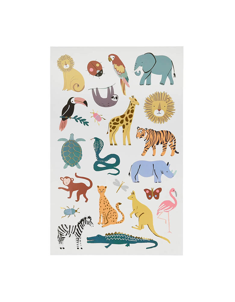 Momo Party's Wild Animals Tattoo Sheet by Meri Meri, featuring illustrations of lion, elephant, giraffe, leopard, zebra, alligator, tiger, toucan, monkey, snake, turtle, sloth, kangaroo, flamingo, makes a great goodie bag filler or a fun party activity.