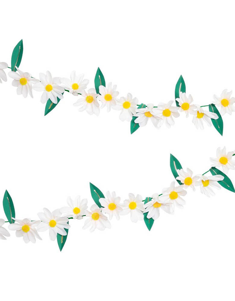 Meri Meri 4 ft pre-strung Wild Daisy Garland with daisy flowers and paper leaves. Perfect for a daisy themed birthday party or spring gathering. 