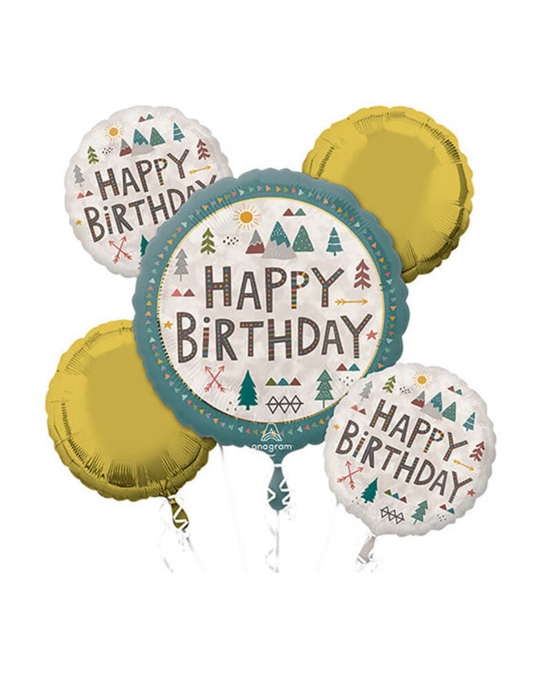 Anagram Balloons - Wilderness Happy Birthday Foil Balloon Bouquet. Decorate your little one's birthday party like the outdoor adventures that await them with the Wilderness Foil Balloon Bouquet! Featuring mountains, trees, and other signs of the great outdoors, three round "Happy Birthday" wilderness balloons make up the centerpiece, and two gold round balloons complete the bouquet.