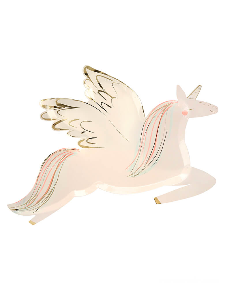 Meri Meri Winged Unicorn Plates. Pack of 8. Featuring  14 x 10 inches Die cut unicorn shaped plate. Printed both sides with Neon print & gold foil detail. Made from eco-friendly paper