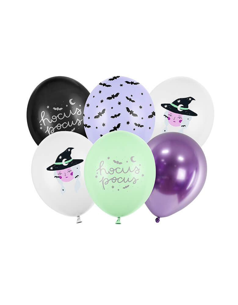 Party Deco 11" Witch Balloon Mix comes with 6 assorted latex balloons with witch & bats illustrations and hocus pocus words in a combination of black, purple, mint, and lilac colors