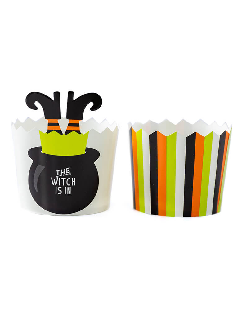 My Minds Eye PLCC458 - WITCH IS IN FOOD CUPS (50 PCS). Pack of 50 in 2 designs. one with Witch Leg Stakes with "the witch is in" text in the Cauldron. another cups design in a mint, orange, white and black stripe design.  These fun halloween themed baking cups are perfect for baking Halloween cupcakes right in the oven.