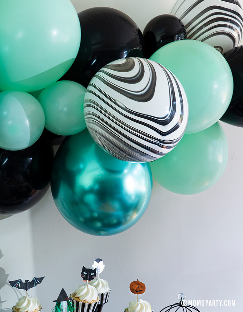 Details of Momo Party 2020 Halloween Collection, Witch Please themed Balloon Garland/Cloud, mix with 11 inch and 5 inch Pastel Matt Mint, Chrome green, Black, Black and White Marble color Latex Balloons. Unique Decoration for your Halloween party , A Modern Witch Inspired Halloween Party, spooktacular halloween party, Night Haunted House Birthday Party, nightmare before christmas party and all kind celebrations