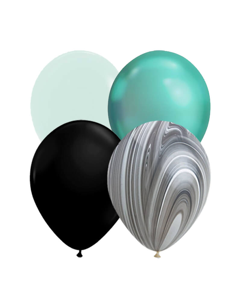 Qualatex latex balloon with 11 inches matte mint, chrome green, black and black and white agate balloons for a witch please halloween party
