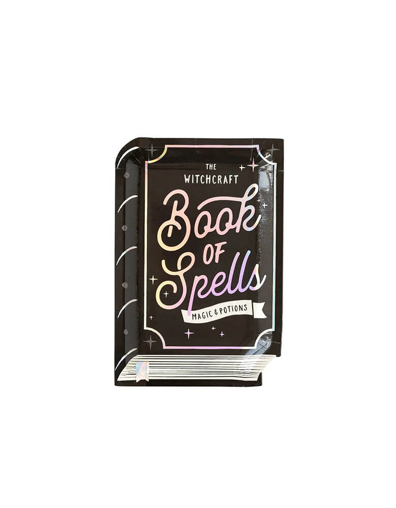 My mind's eye witching hours book of spells shaped plates, Featuring chilling holographic foil accents, these spellbook shaped plates are a perfect addition to any Halloween party and are sure to bewitch all of your favorite ghosts and ghouls!