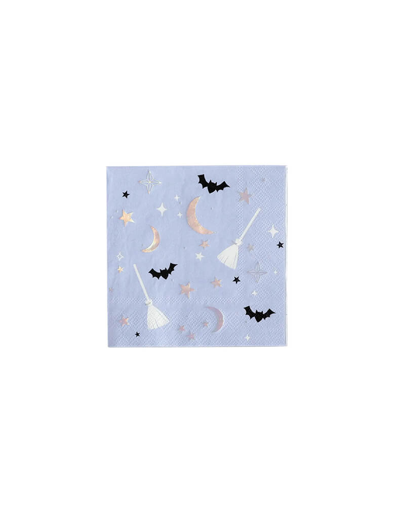My Mind's eye 5 x5 inches witching hours small napkins featuring whimsical Halloween icons and holographic foil, these party napkins are the perfect addition to a Hocus Pocus themed Halloween party.