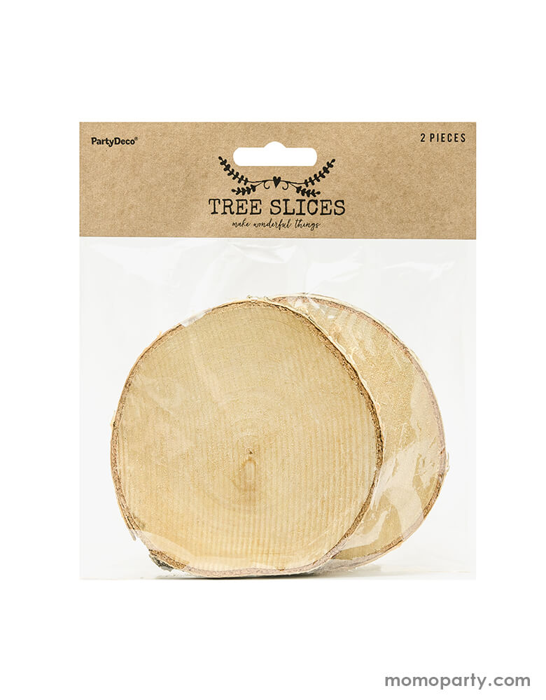 package of Wood Slices by Party Deco. Each set comes with 2 slices. Size: 4 x 0.5 inches each. Decorate your fall or woodland party, holiday table with these rustic wood slices.