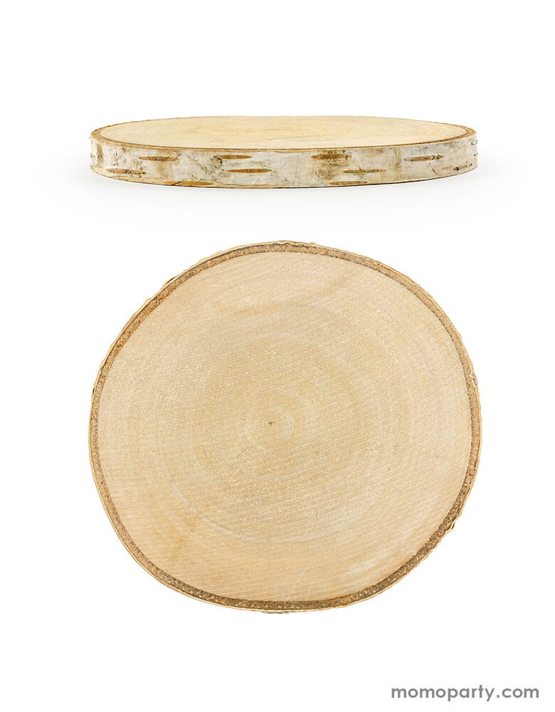 Side view and top view of Wood Slices by Party Deco. Each set comes with 2 slices. Size: 4 x 0.5 inches each. Decorate your fall or woodland party, holiday table with these rustic wood slices.