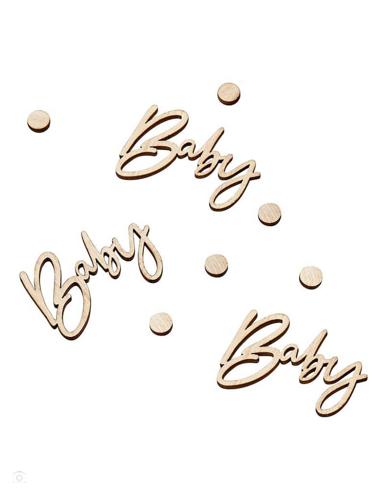 Ginger Ray - Wooden Baby Confetti. Contains 18 Wooden Confetti Pieces with "baby" script shape and circle pieces. Scatter your table with this wooden baby shower confetti to compliment a natural baby shower table decorations.