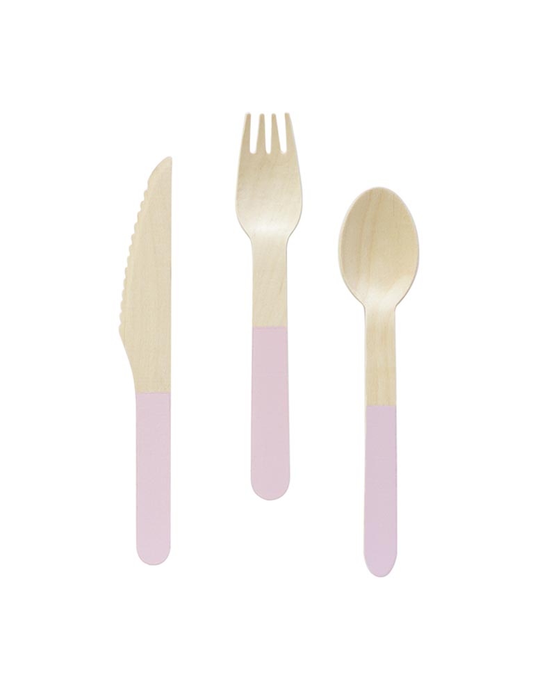 Meri Meri Eco Friendly Soft Pink Wooden Cutlery Set, Pack of 24 in 3 utensils: 8 forks, 8 knives and 8 spoons