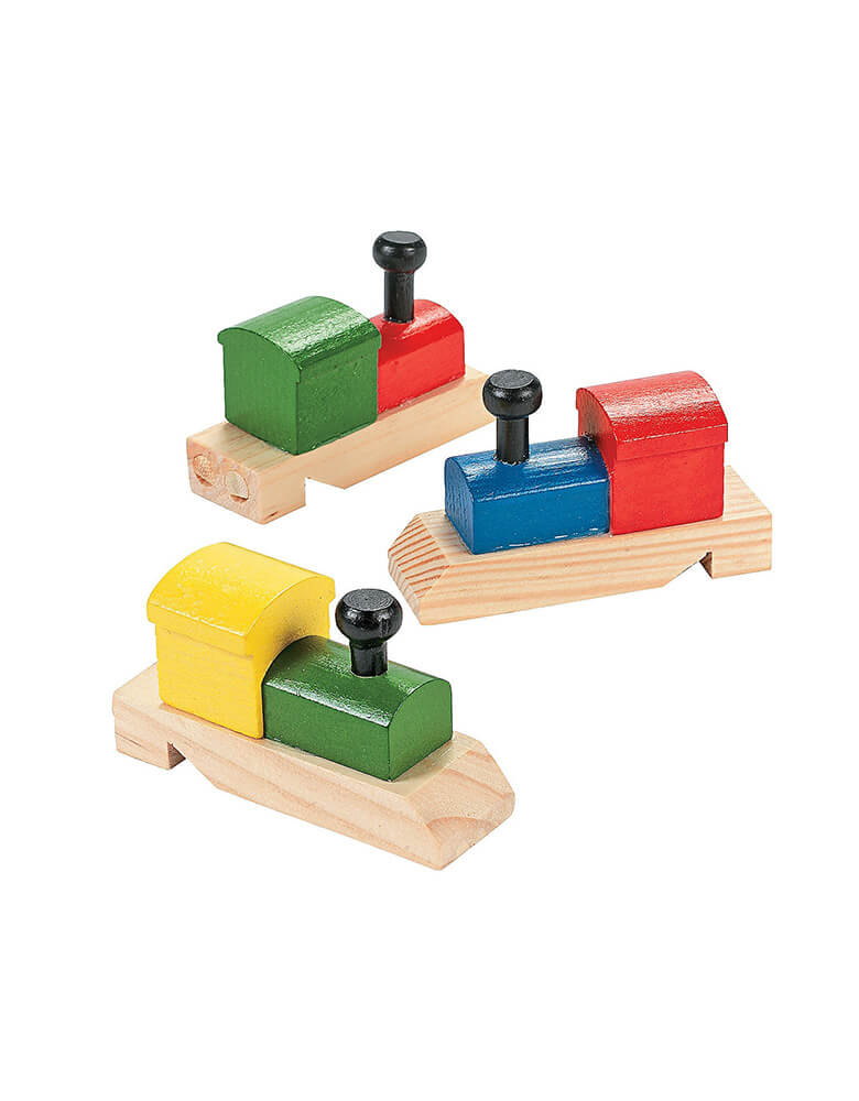 Oriental Trading Company wooden train shaped whistle sets with 3 different colors of bright red, blue, green and yellow, they make great goodie bag fillers for kid's train themed birthday party