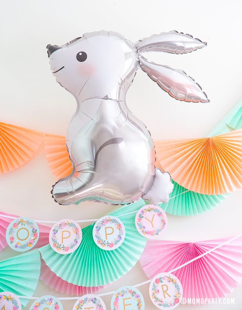 Woodland Bunny Foil Mylar Balloon with pink, mint, peach paper bunting garland and Rifle Paper Co custome garden party letter garland in "happy easter" as cute modern decorations for a Easter Party