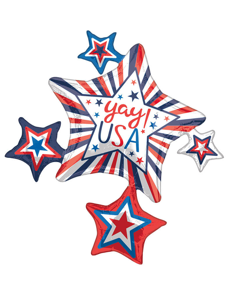 Anagram Balloons 35" Yay-USA-4th-of-July-Foil-Balloon in red white and blue stripes and star pattern, great for your Independence Day celebration or summer firework viewing party