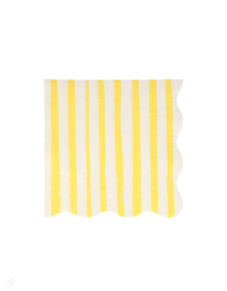 Yellow Stripe Large Napkins by Meri Meri. These sensational napkins feature a stripes of color for a decorative effect and scalloped border. These Sunshine yellow Stripes are a delightful way to add lots of color and style to any party table.