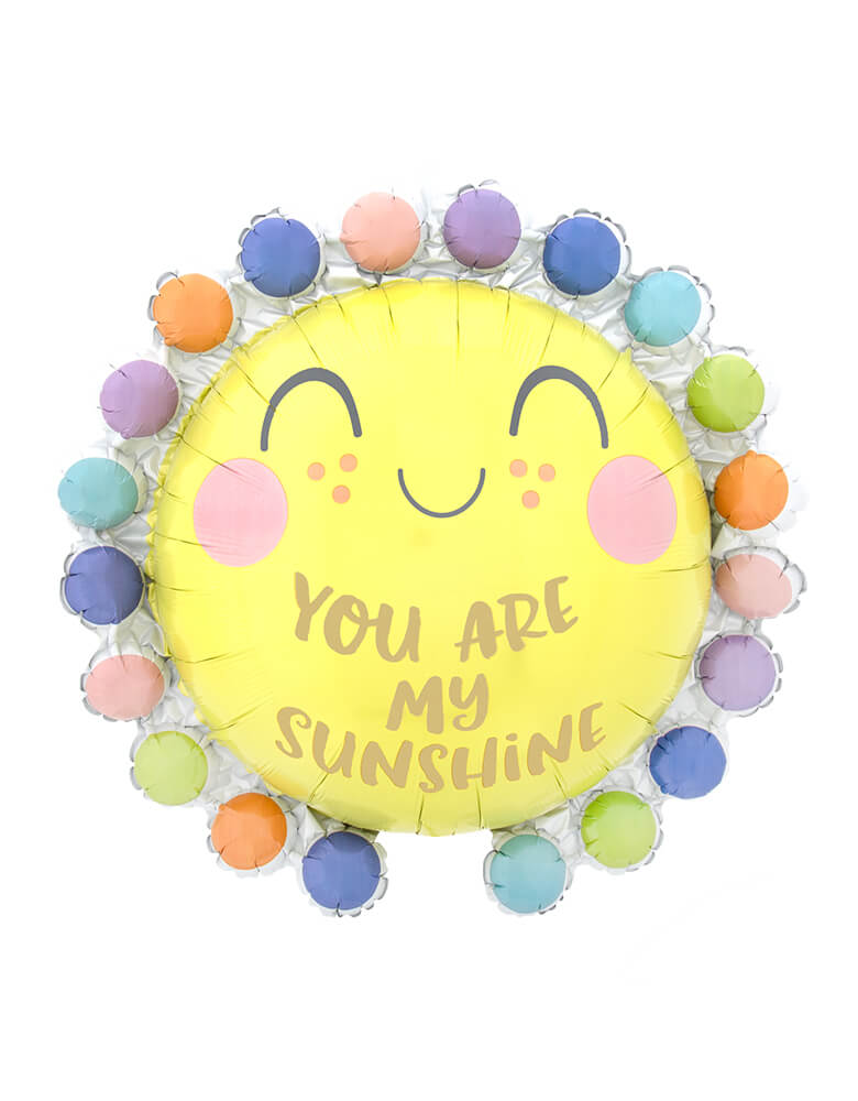 Anagram Balloons - 41564 Dot Baby Circle SuperShape™ XL® P35. This 26 inches adorable smiling sun foil balloon in a sun shaped with happy smiley face and " You are my sunshine" text on it, with pastel dots around, is perfect for a "you're my sunshine" or "good vibes" themed birthday parties/baby showers!
