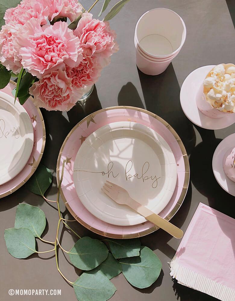 Girl's pink baby shower tableware with My Mind Eye Oh Baby 7" Basic White Small Plates and Baby Pink Start Large paper plate