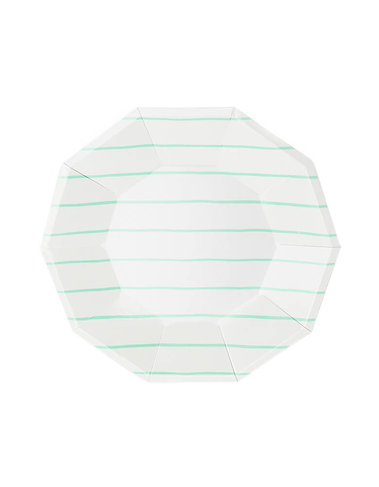 Daydream Society Frenchie Striped Large Paper Party Plates in Mint color, Pack of 8. A Eco-friendly modern party tableware, simple modern look design supplies for Modern party event, baby shower, bridal shower, any event celebration.