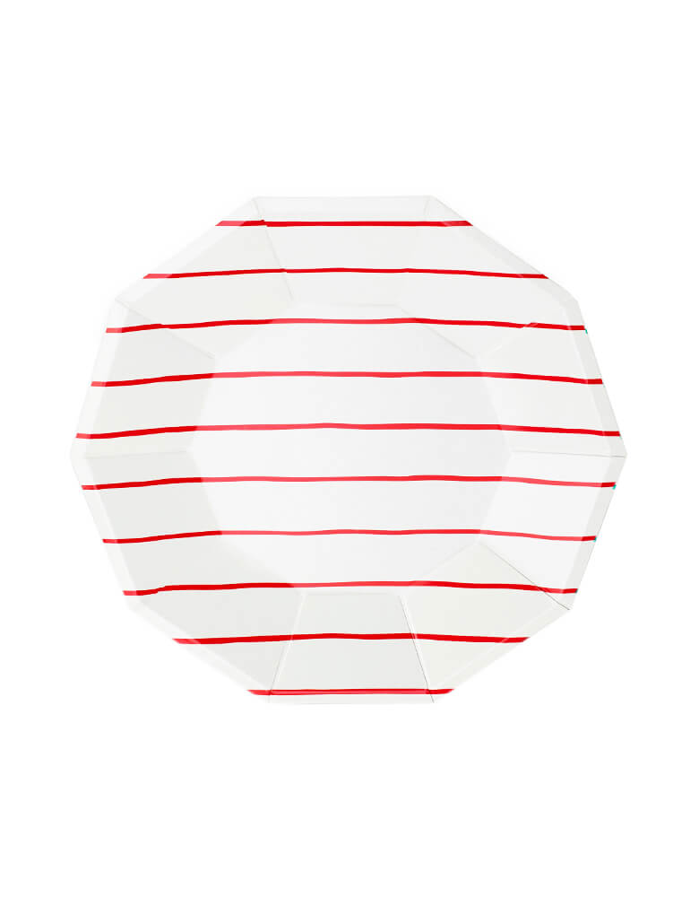 Daydream Society Frenchie Striped Large Paper Party Plates, Pack of 8, Candy Apple Red.  A Eco-friendly modern party tableware, simple modern look design supplies for Modern party event, baby shower, bridal shower, any event celebration.