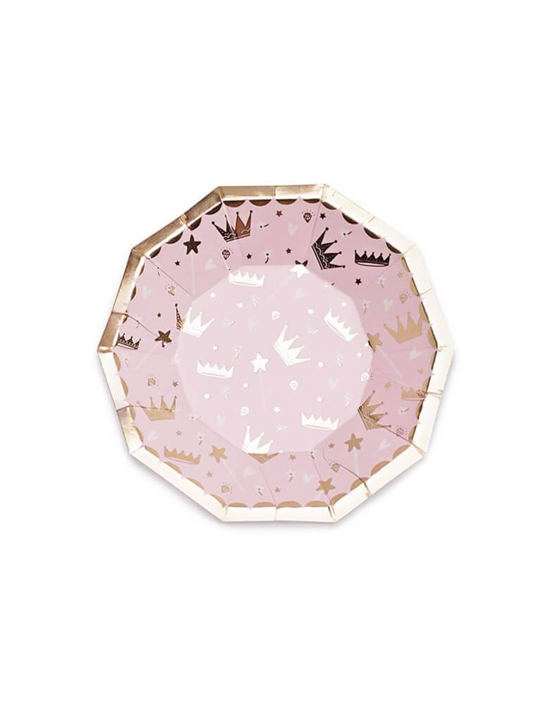 Daydream Society Sweet Princess Plate in pink with crown designs on a gold foil edge
