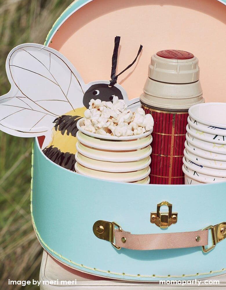 a close up look of Meri Meri bee plates with a vintage water bottle, popcorn inside Let's explore paper cups,  in a vintage pale blue Suitcase for a camping themed party